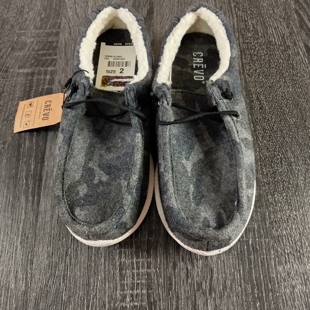Boys 2 Crevo Ronnie Camo Sherpa lined memory foam slip on shoes Gray NWT